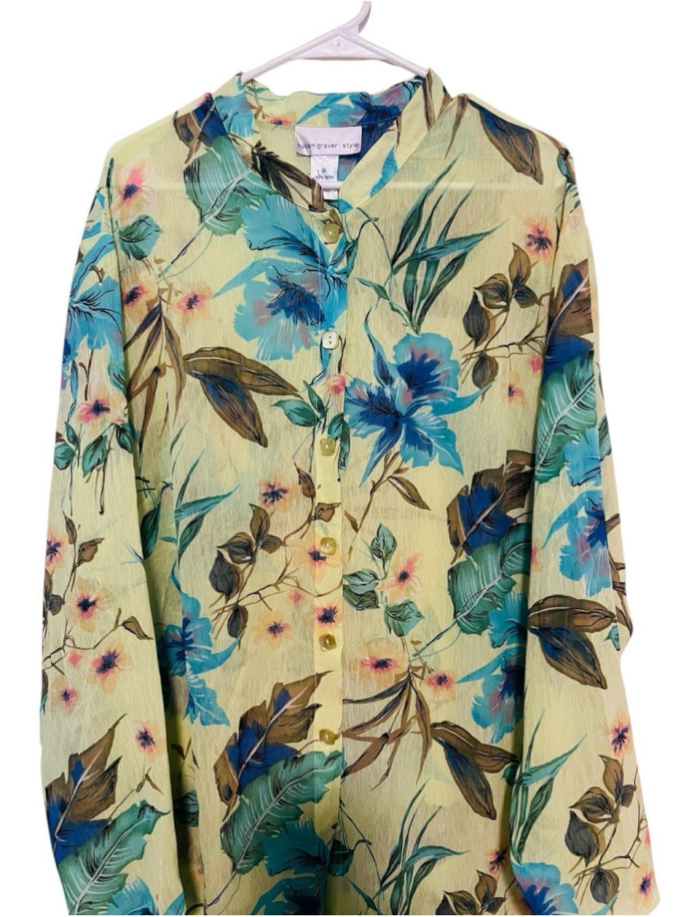 Susan Graver Floral Chiffon Botanical Floral Tunic Blouse Women’s 3X Button Up - Picture 2 of 6